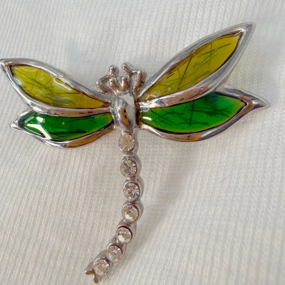 Silver Tone Dragonfly Brooch Green Yellow Enamel Wings Clear Rhinestone 103-235